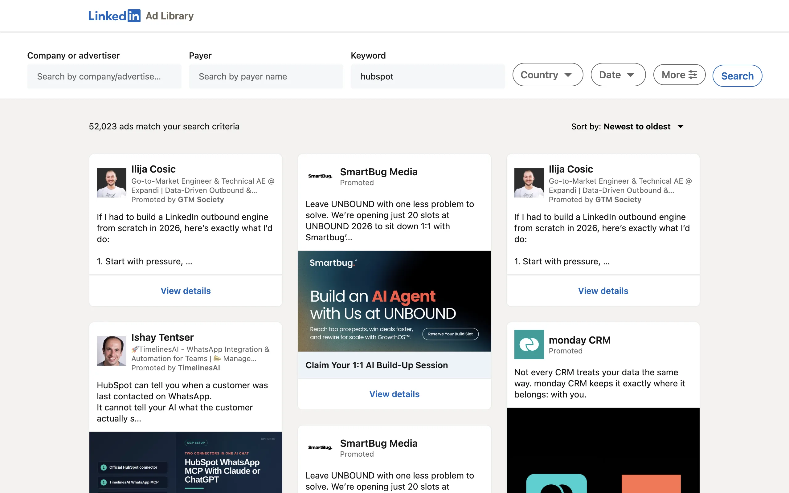 LinkedIn Ad Library keyword search results grid, showing "52,023 ads match your search criteria" and LinkedIn's native ad card layout