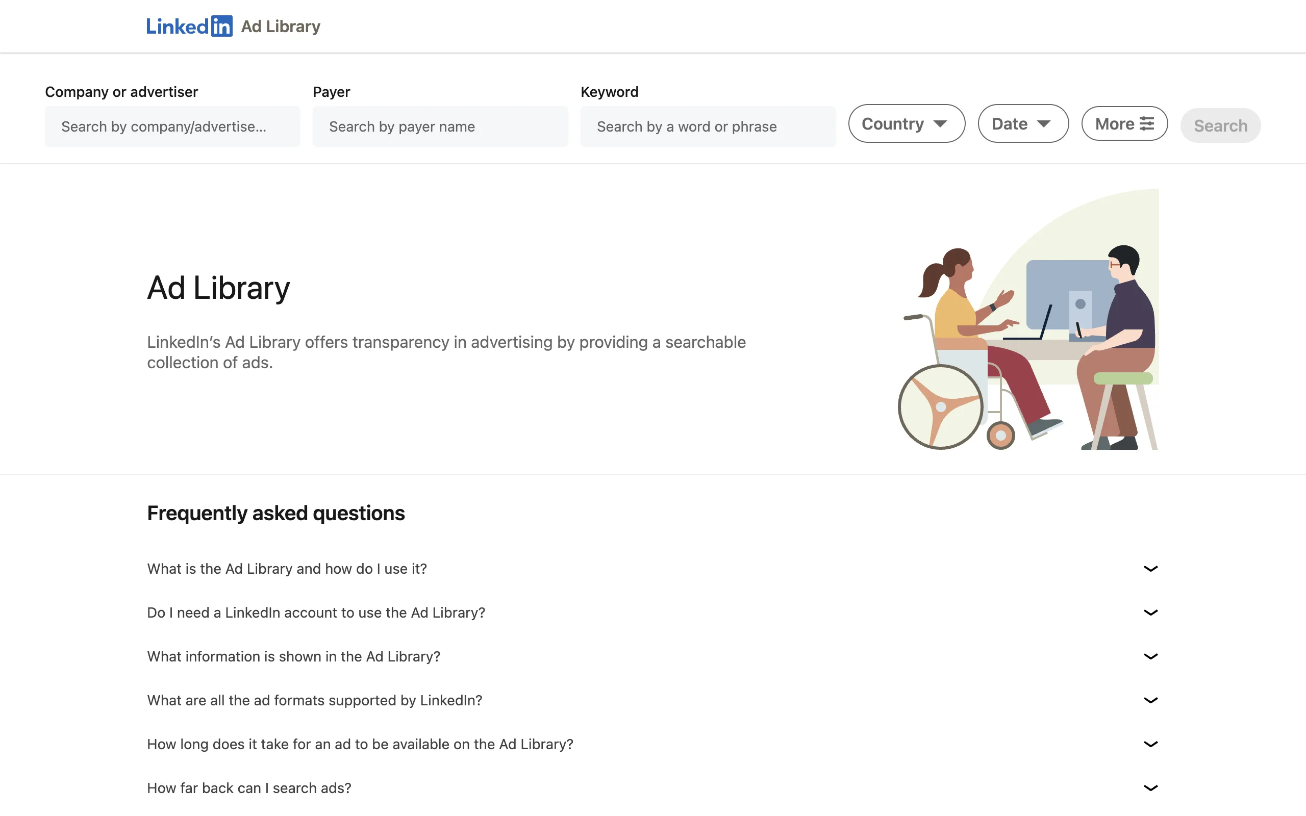 LinkedIn's public Ad Library search form, empty state, with Company, Payer and Keyword fields and Country, Date and More filters