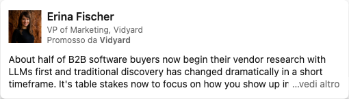 LinkedIn thought leader ad from Erina Fischer, VP of Marketing at Vidyard, promoted by Vidyard