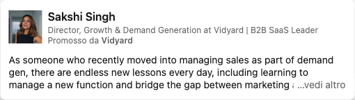 LinkedIn thought leader ad from Sakshi Singh, Director of Growth & Demand Generation at Vidyard, promoted by Vidyard