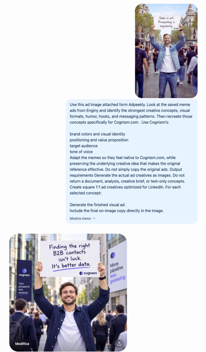 A ChatGPT session: the meme ad downloaded from AdPeekly, the prompt, and the finished on-brand creative it generated